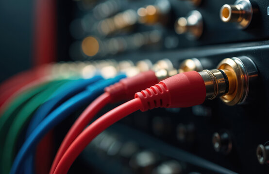 Macro shot shows red green blue video cables plugged into pro audio video equipment. Close up of RCA connectors on broadcast tech device. Professional media playback system.