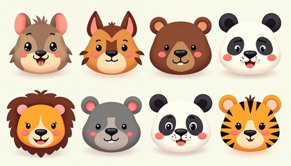 Fototapeta premium Collection of cute cartoon animal faces including bear, panda, lion, tiger, chipmunk, dog, and mouse. Diverse mammal heads with round features and friendly expressions presented in square grid layout.