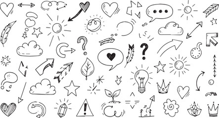 Hand drawn doodle elements collection with arrows hearts clouds and stars.