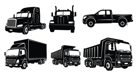 Variety of commercial trucks and vehicles in a black and white illustration © Proma