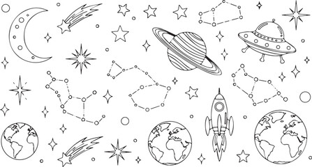 Hand drawn space elements set with planets stars and rockets. © traphics