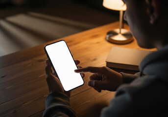 Person actively using a modern smartphone with a pristine blank white screen, ideal for displaying app interfaces, website mockups, or custom digital content in a focused indoor setting