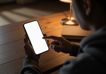 Person interacts with a blank smartphone screen, ideal for mockup, in a warmly lit home office or study setting, highlighting modern digital connectivity and personal technology use
