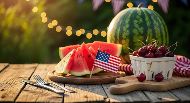 Summer Holiday Feast with Watermelon Cherries and American Flag on Wooden Table slices