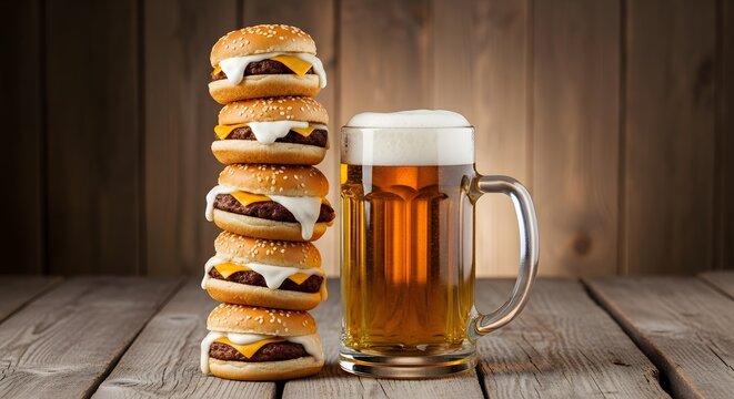 Stack of Cheeseburgers and Beer Mug photo (208