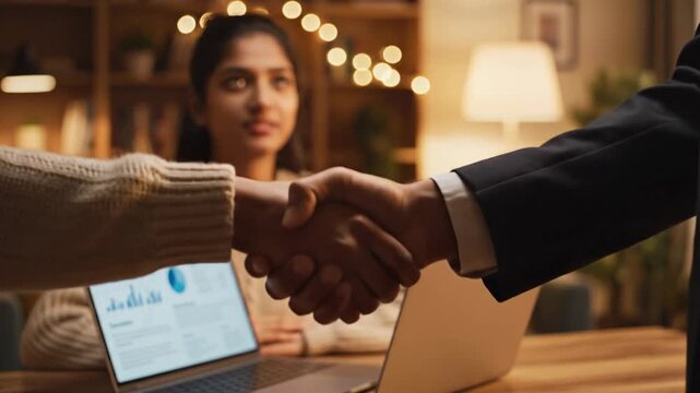 Business partners shaking hands to finalize a successful agreement during a meeting in a warmly lit modern office