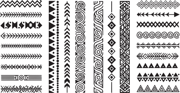 Set of black and white tribal borders and dividers with various ethnic patterns.