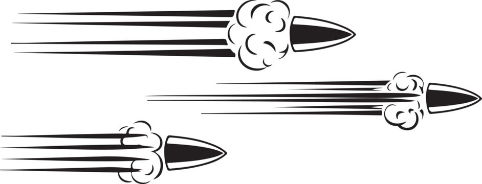 Three black silhouettes of flying bullets with speed lines and smoke on transparent background