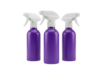Three Purple Spray Bottles with White Spray Nozzles Isolated on transparent background