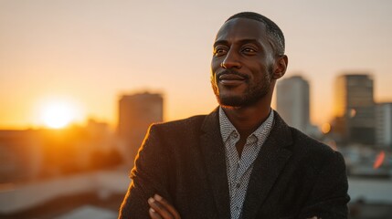 Confident man enjoying sunset view on rooftop in urban setting