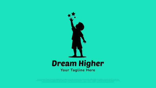 Inspirational Dream Higher logo featuring a child silhouette reaching for stars. Ideal for education brands, motivational programs, charities, kids projects, posters, campaigns, and positive branding 