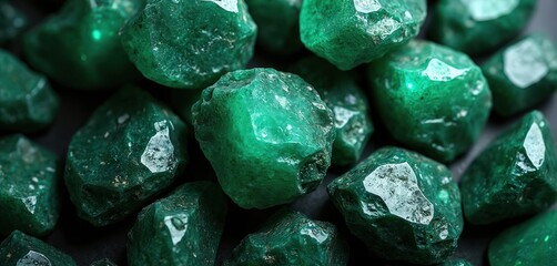 Rough, uncut emerald gemstones cluster closely on dark surface. Vivid green stones reflect light showing crystalline facets and natural texture. Raw, mineral treasures await cutting for fine jewelry.