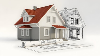 House architectural blueprint and 3d model visualization