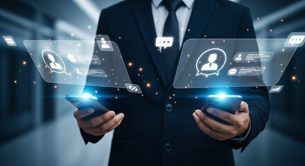A businessman holding two smartphones displaying holographic social network communication interfaces.