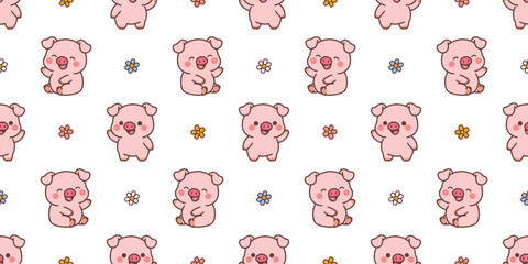 Seamless pattern of cute kawaii pig waving paw with flower cartoon, vector illustration