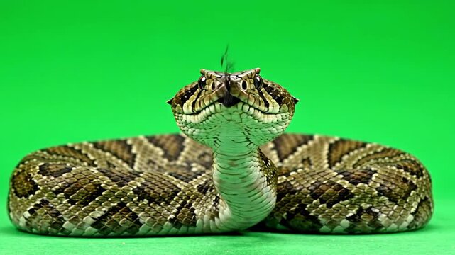 Close up of a venomous rattlesnake coiled on a green background.