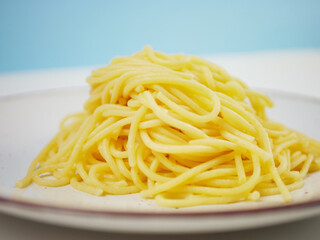 Cooked spaghetti served on a clean white plate with soft natural lighting, showing smooth pasta texture and simple food styling for ingredient or meal visuals, pro photo
