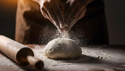 Close-up shot of hands sprinkling flour onto freshly made dough with a rolling pin nearby