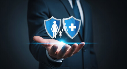 A businessman's hand presents two glowing shield icons symbolizing family and health protection.
