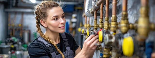 a woman in a workshop setting, engaged with plumbing fixtures. she appears to be a worker examining the back of a valve, possibly for maintenance or installation purposes