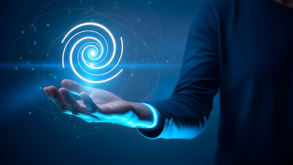 A futuristic businessman interacting with a glowing blue spiral