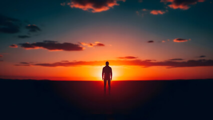 Fototapeta premium A lone figure stands at sunset with a vibrant orange sky