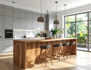 A modern, sunlit kitchen with wood accents and a large island, complete with pendant lights and outdoor views
