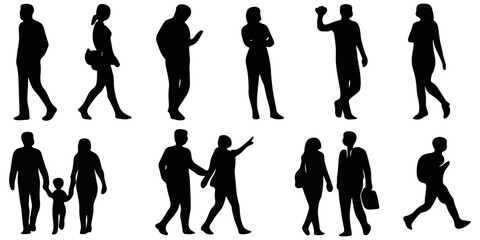 People Silhouette Set Walking Standing Talking and Family Poses Isolated on Transparent Background
