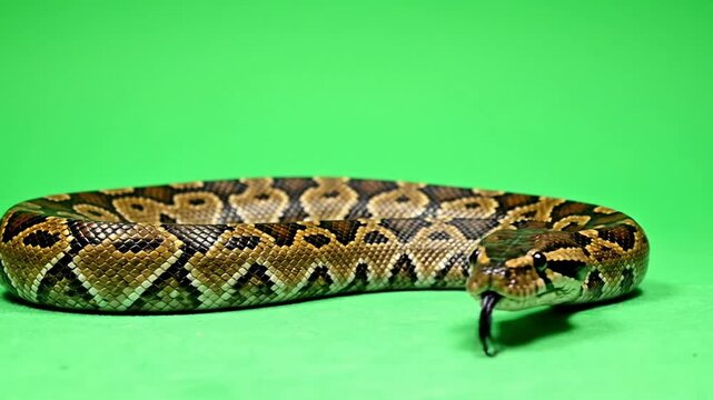 Close-up of a Ball Python Snake with its Tongue Flicking on a Green Background.