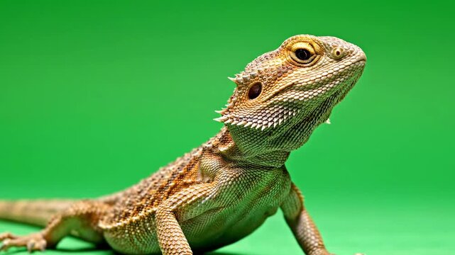Close-up of a Bearded Dragon Lizard on a Green Background.