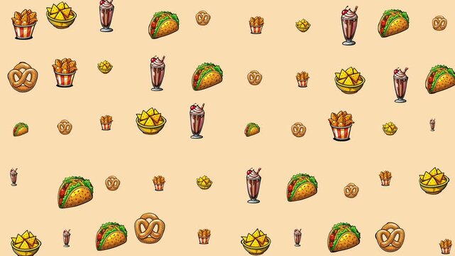 Repeating pattern of cartoon tacos, fries, pretzels, and milkshakes suitable for food packaging, menu design, childrens products, and textiles.