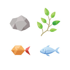 Low Poly Nature Element Vector Set with Rock Branch and Fish