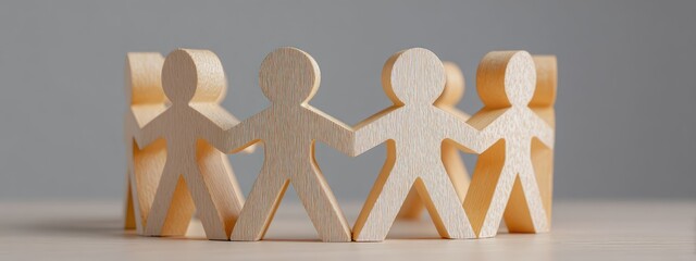 a wooden sculpture on a tabletop, composed of three human like figures connected at the waist, resembling a family or group of people. there is no text present in the image