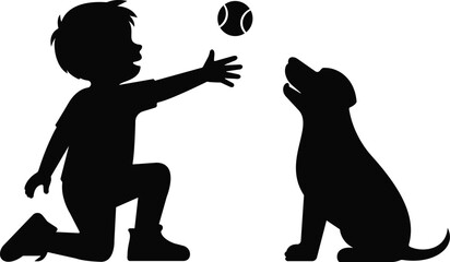Child Playing with Dog Silhouette Throwing Ball Illustration