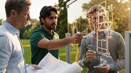 Three diverse engineers or architects collaboratively discuss innovative building plans drawn on a transparent board outdoors, focusing on project development and conceptual design