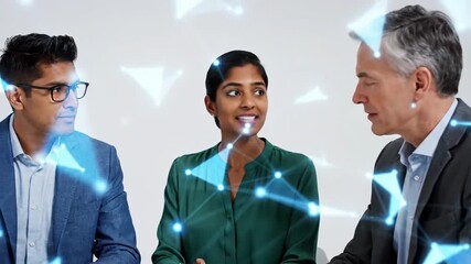 Diverse business team in a strategic meeting, connected by a futuristic digital network overlay symbolizing innovation and global collaboration - Powered by Adobe