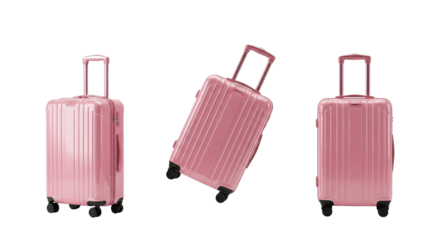 Set of three pink hard-shell carry-on suitcases with telescopic handles isolated on transparent