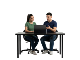 two people collaborating on a project using a laptop on a sleek black table isolated transparent