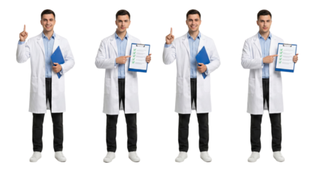 group of four professional male doctors in lab coats holding clipboard on isolated transparent