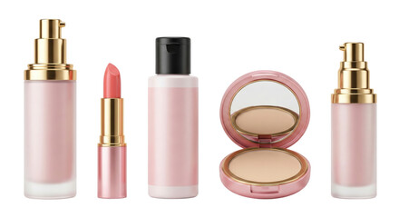 Elegant collection of skincare and makeup products arranged on a black background isolated