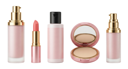 Elegant collection of skincare and makeup products arranged on a black background isolated