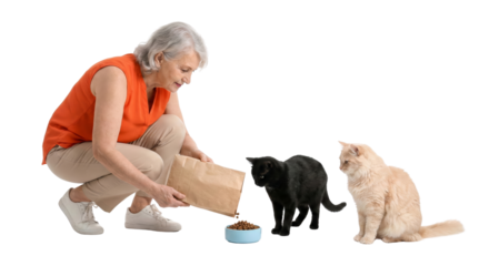 Overjoyed elderly woman feeding two cats with a treat bag and bowls isolated on transparent