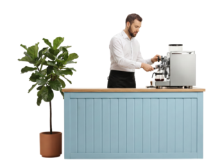 professional barista preparing coffee at a modern counter with a green potted plant isolated
