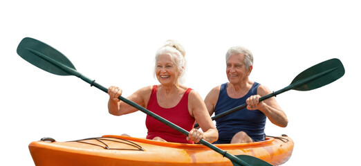 joyful senior couple kayaking adventure on vibrant orange kayak isolated on transparent background