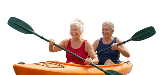 joyful senior couple kayaking adventure on vibrant orange kayak isolated on transparent background