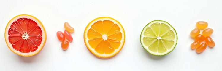 Citrus fruit halves including grapefruit orange and lime next to colorful jelly candies. Sweet fruity treats shown on white background. Refreshing natural flavors combined for a tasty dessert.