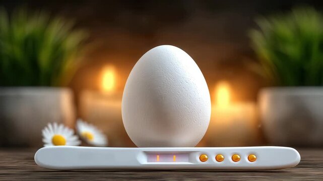 White egg on digital pregnancy kit with warm candlelight background