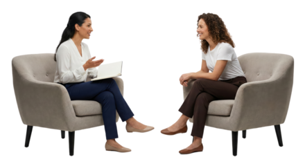interview or counseling session between two women sitting on beige armchairs isolated with