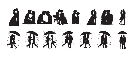 Romantic couple set. under umbrellas in rainy weather showing walking kissing running,  various poses including kissing, and sitting together. vector illustration eps 10