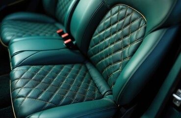 Fototapeta premium Green quilted leather car with yellow stitching detail inside luxury vehicle. Comfortable passenger with safety belt buckle visible. High end auto interior with rich texture.